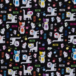 white multi colored cats, the word MEOW and paw prints on a black background