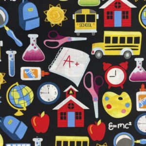 Teacher icons (alarm clock, school house, school bus, sun, scissors, glue, apple, etc.) on a black background