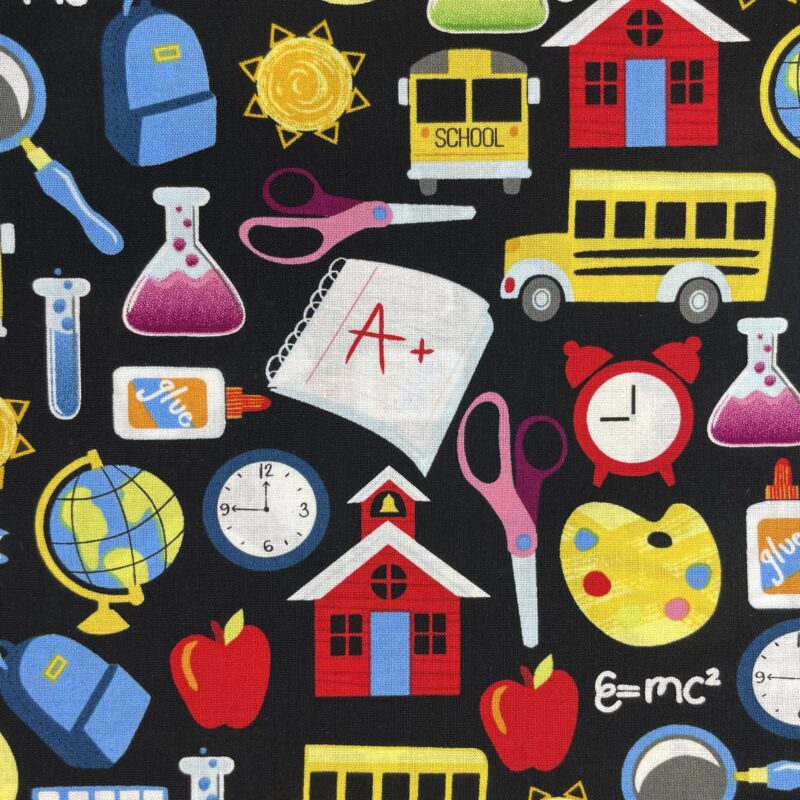 Teacher icons (alarm clock, school house, school bus, sun, scissors, glue, apple, etc.) on a black background