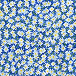 white dasies with green leaves on a blue background