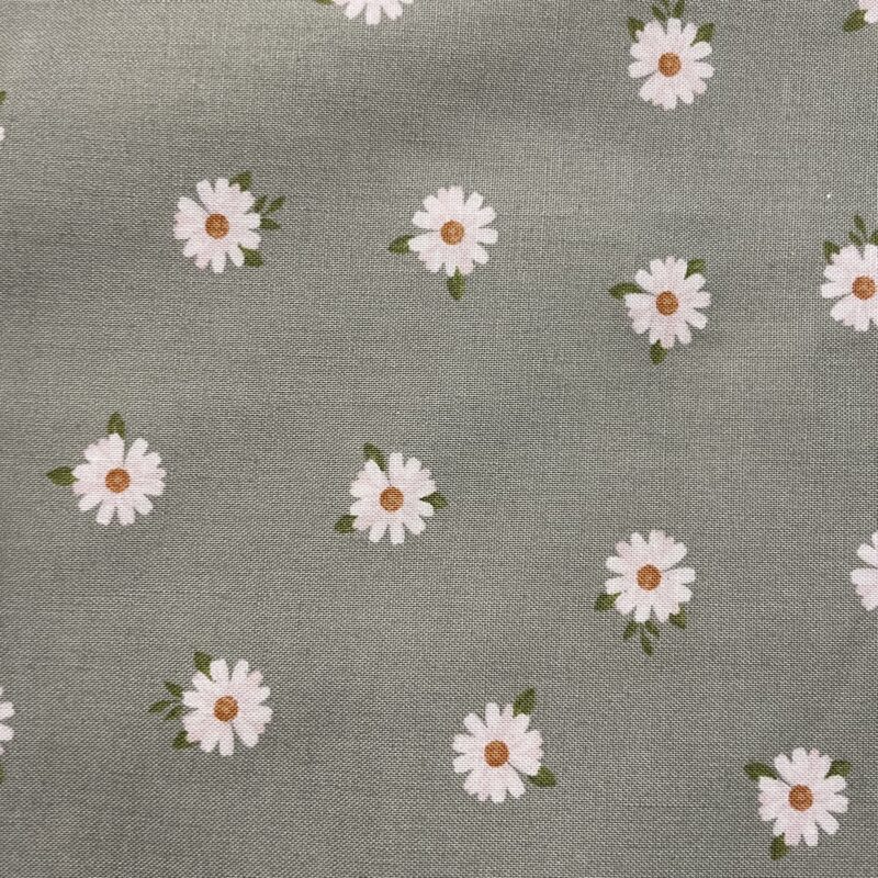 white dasies on a sage green background